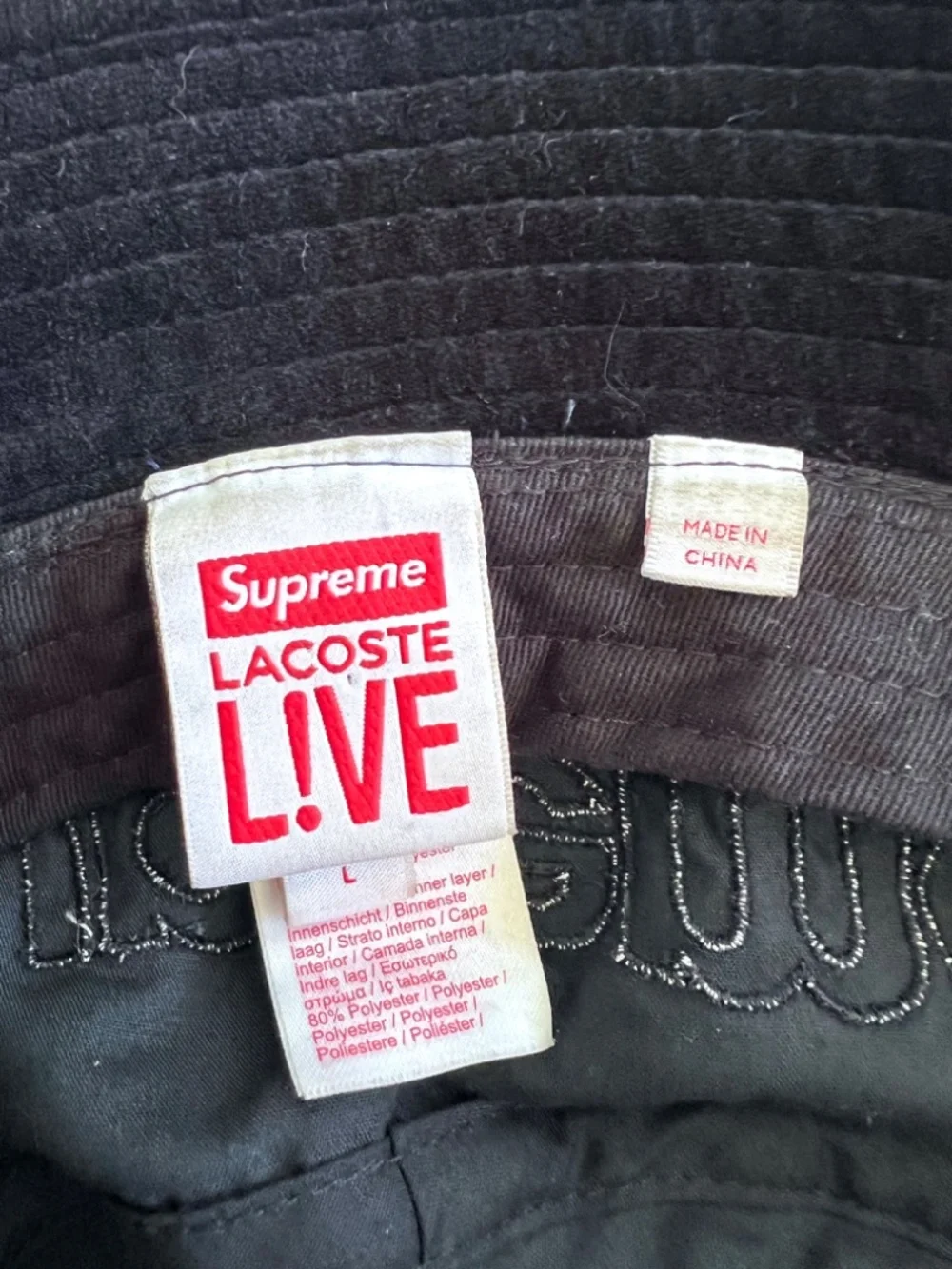 SUPREME x LaCOSTE LIVE! Black Velour Crusher  Bucket Hat - L